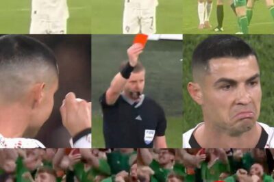 Ronaldo got booked tonight, started mocking the Ireland fans by pretending to cry – and then got his booking upturned by VAR and got sent off.