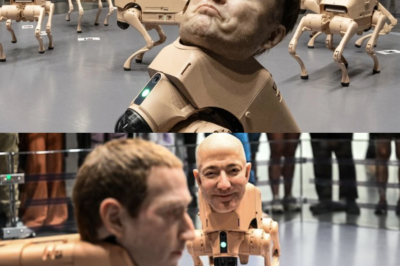 Robot dogs bearing the faces of Elon Musk and Mark Zuckerberg wreak havoc at a US exhibition.