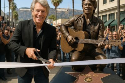 JON BON JOVI JUST REWROTE HOLLYWOOD HISTORY — AND SUNSET BOULEVARD STOPPED BREATHING. Hollywood Boulevard froze as Jon Bon Jovi was unveiled in a full bronze monument on the Walk of Fame — not just a star — with Jon captured mid-stride, guitar strapped on, sleeves rolled, like he’s about to hit the first chord of “Wanted Dead or Alive.”