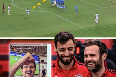 Bruno Fernandes and Harry Maguire celebrate after seeing ex-Man Utd team-mate Juan Mata net impressive free-kick