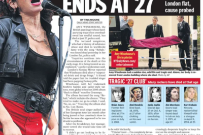 Amy Winehouse dies in London of alcohol poisoning at the age of 27.